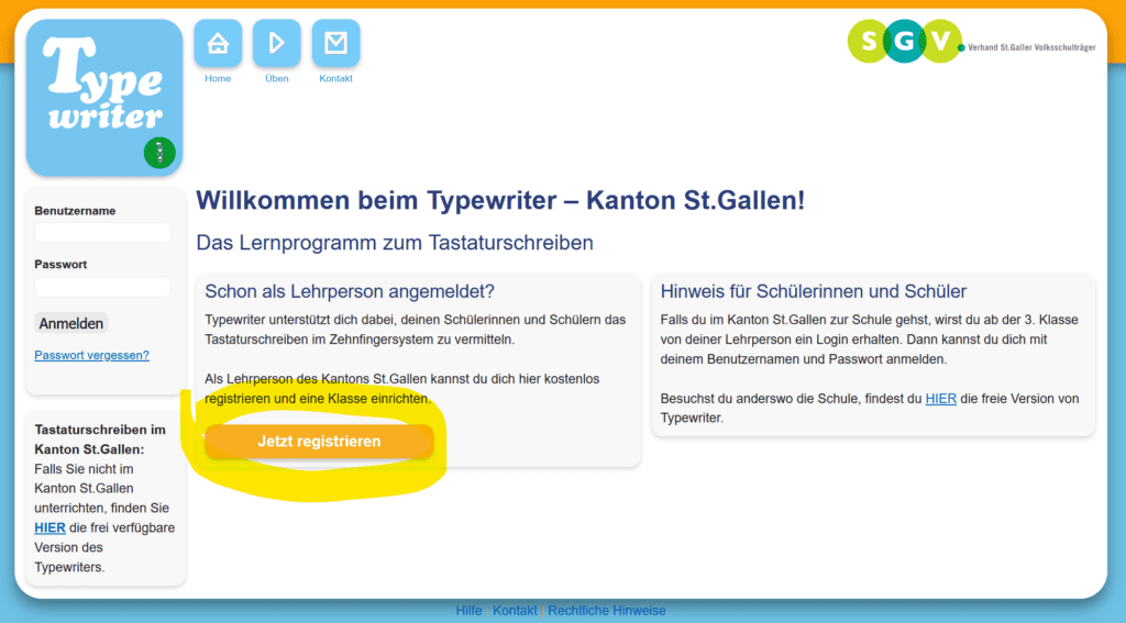 Pagina iniziale di sg.typewriter.ch con il pulsante "Registrati ora"