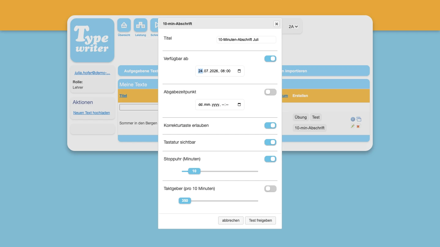 Configurazione di un test avanzato con periodo, tasto di correzione, tastiera, cronometro e metronomo