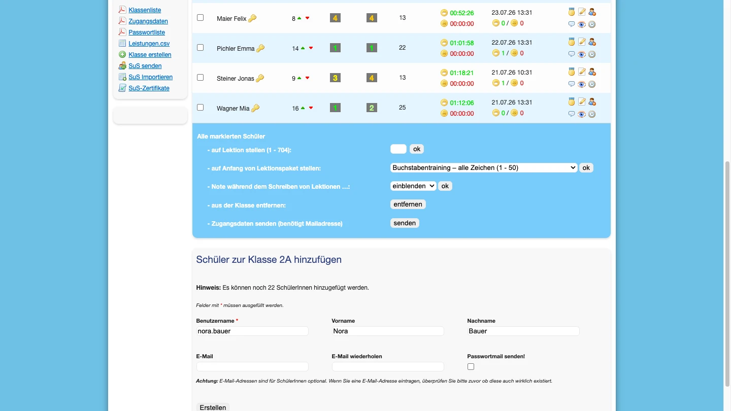 Modulo per la creazione manuale di un account alunno con nome utente, e-mail e opzione di licenza