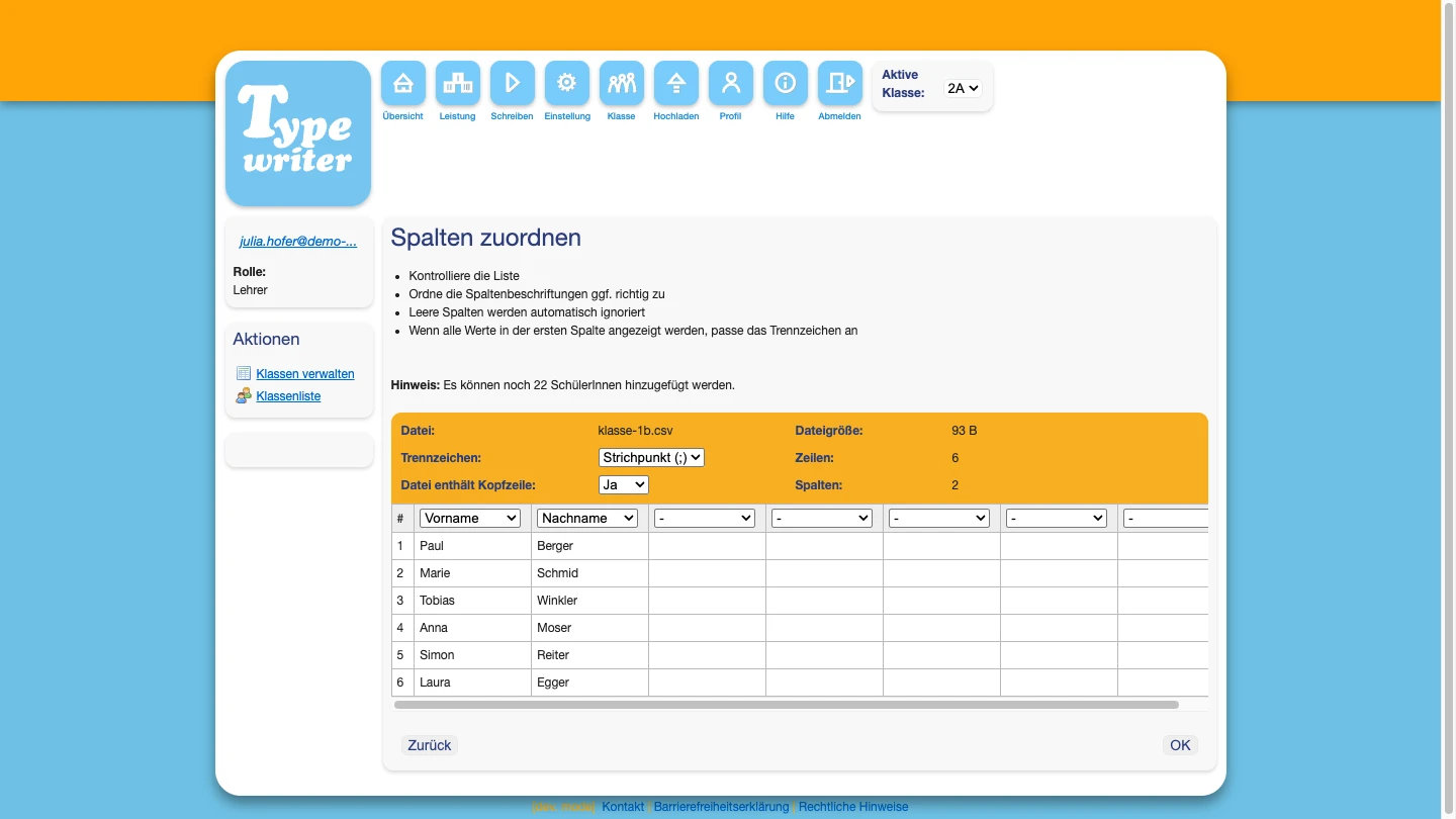 Importazione CSV con assegnazione delle colonne, anteprima modificabile e messaggi di convalida