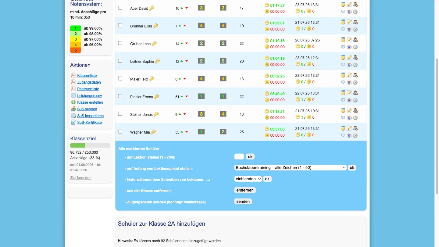 Elenco della classe con widget dell’obiettivo di classe nella barra laterale: barra di avanzamento, valore obiettivo e link per terminare l’obiettivo