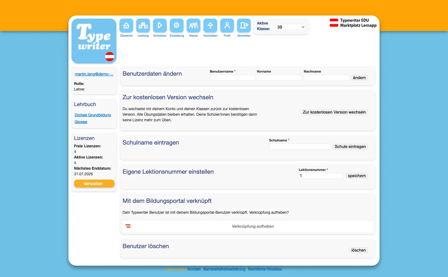 Profilo sull’istanza EDU con il pulsante «Passa alla versione gratuita» e il collegamento Bildungsportal esistente