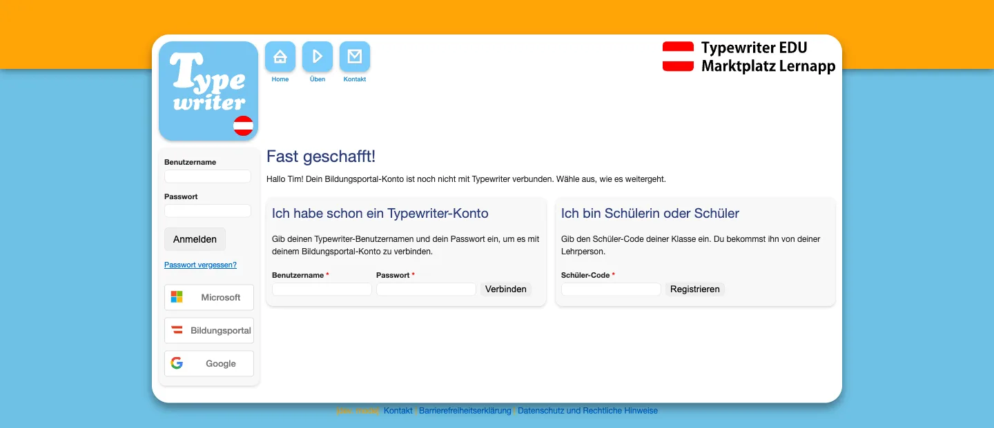 Pagina di arrivo dopo l’accesso tramite il Bildungsportal con le due schede per l’account esistente e il codice alunno
